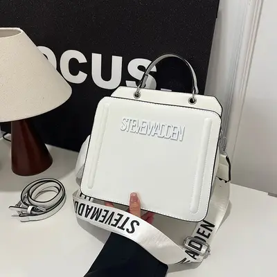 Small Square Handbag with Letter Print and Shoulder Strap - 7