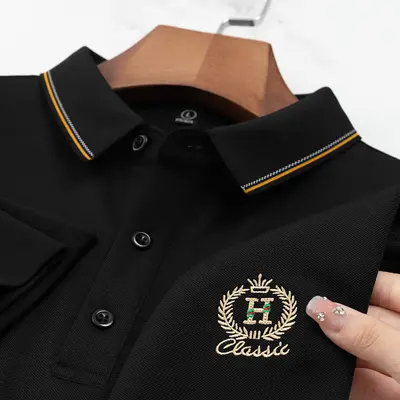 Men's Long Sleeve Mulberry Silk Polo Shirt, Embroidered