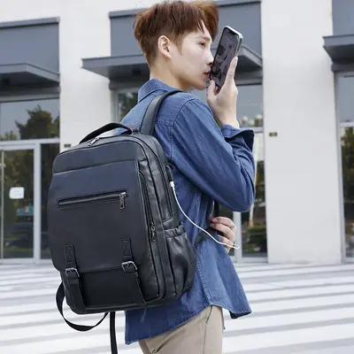 Men's PU Business Backpack, Large-Capacity Casual Student Bag - 3