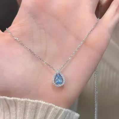S999足银蓝眼泪项链轻奢小众时尚水滴吊坠纯银锁骨链送女朋友礼物