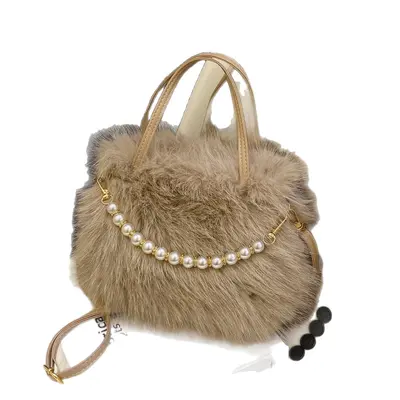 Women's Handbag, Plush and Beaded, Small Square Shoulder Bag - 6