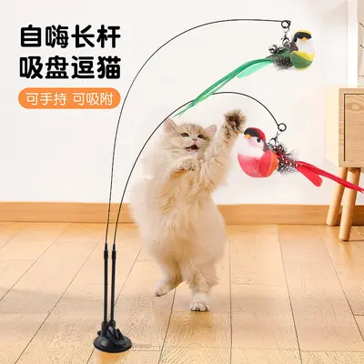 Suction Cup Cat Teaser Wand with Detachable Steel Wire Dual Heads and Replacement Head