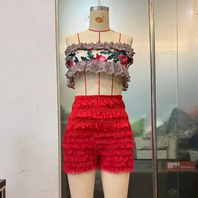 Kadın Yüksek Belli Çok Katmanlı Dantel Seksi Şort SU4004 - 9