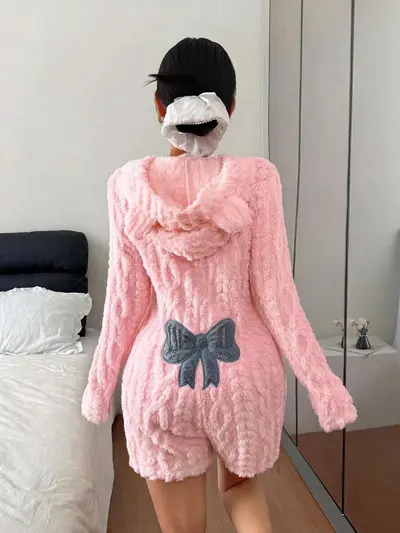 Women's Hooded Long Sleeve Plush Jumpsuit with Bow Pattern