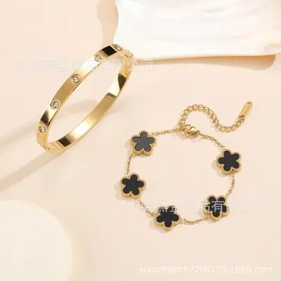 Titanium Steel Five-Leaf Flower Oval Diamond Bracelet, 18K Gold