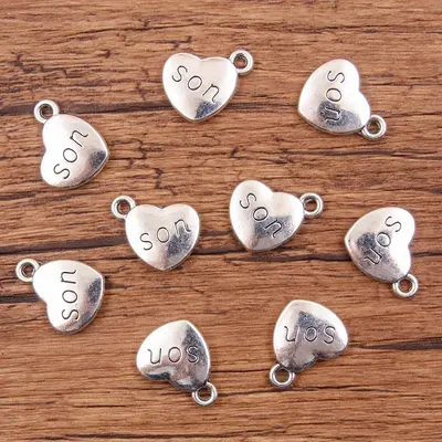 Antique Silver Heart Pendant Charms, Geometric Letters, Angel Wings and Flowers - 13