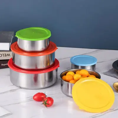 Edelstahl-Frischhalte-Set mit fünf Teilen für Kühlschrank, Frischhalte-Lagerbehälter mit rundem Deckel, Frischhaltebehälter, Exportverpackung - 9