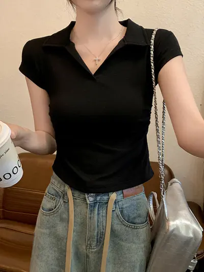 Trendy sexy girl pure desire waist wrap short sleeve t-shirt for women, summer new solid color sweater slim fit short top for women. - 10
