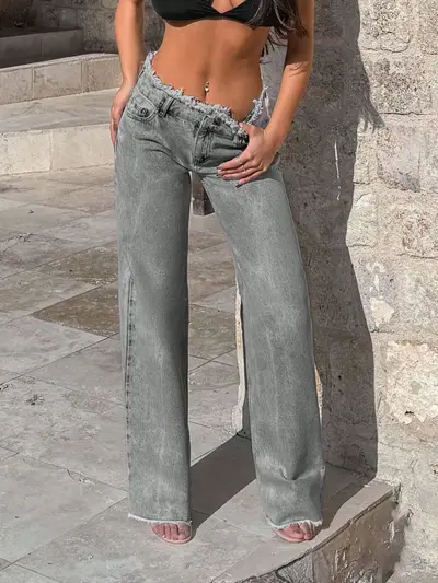Kadın Yıkamalı Bol Paça Kot Pantolon, Püskül Kenarlı, İlkbahar Sonbahar