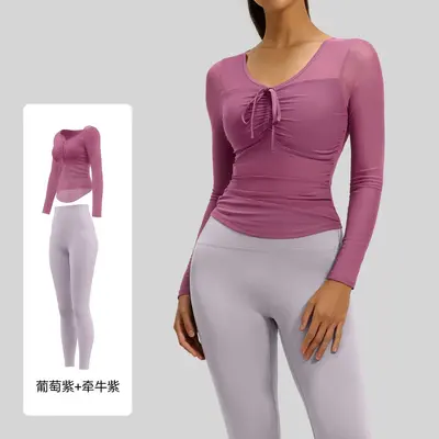 Juyitang yoga suit set, mesh fabric, fixed cup, slim fit - 12