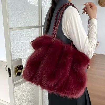 Women's Plush Bag, Faux Fox Fur Look Shoulder Crossbody Bag, Large Capacity Tote - 12