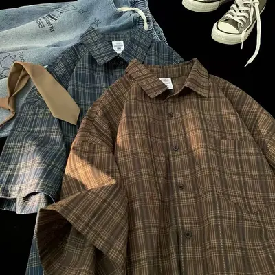 Unisex Sommerhemd mit Kurzarm und Karomuster, koreanischer Stil