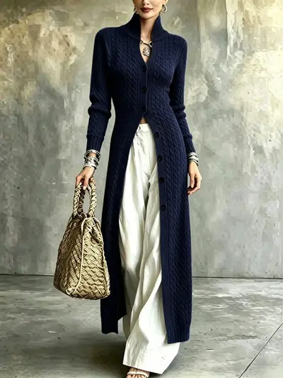 Damen-Strickjacke mit Knöpfen, lang, lässiger langer Mantel - 12