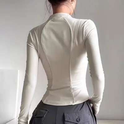 Kadın Yarım Fermuarlı Uzun Kollu Yoga Üstü, Bel Daraltan, Dar Kesim