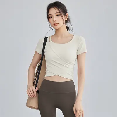 Women's Yoga Top with Chest Pad, Short Sleeve, Pilates - 7