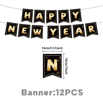 Black and Gold New Year Party Decoration Set with Tablecloth, Banner, Pull Flags and Ballo - 7