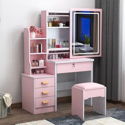 Tuvalet masası yatak odası küçük daire modern basit sürgülü ayna entegre tuvalet masası LED ışık tuvalet masası depolama dolabı