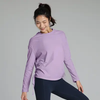 Kadın bahar yaz yoga üstü, yan büzgülü pamuklu uzun kollu T-shirt - 9
