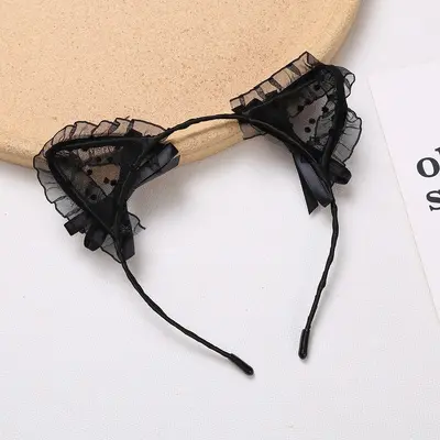 Cat Ear Headband with Lace Detail and Face Wash Band - 7