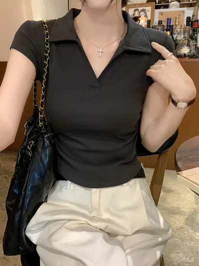 Trendy sexy girl pure desire waist wrap short sleeve t-shirt for women, summer new solid color sweater slim fit short top for women. - 12