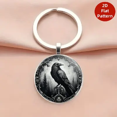 Gothic Dark Crow Pattern Alloy Round Keychain Pendant - 9