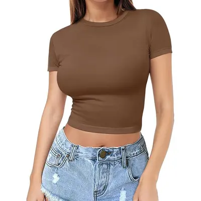 Cross-border European and American style crop top t-shirt hot girl summer sweater women's slim round neck fashion milk silk short sleeve - 13
