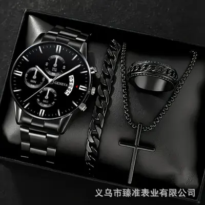 Men's watch set, black gold steel band with cross pendant - 4