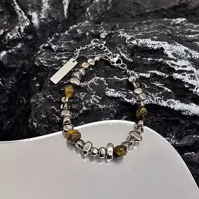 手链男碎银拼接银胆石手串女中式简约复古设计钛钢高级感百搭配饰 - 4