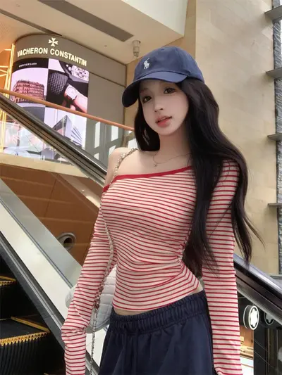 Women's Color-Block Striped Long-Sleeve Asymmetric Shoulder T-Shirt