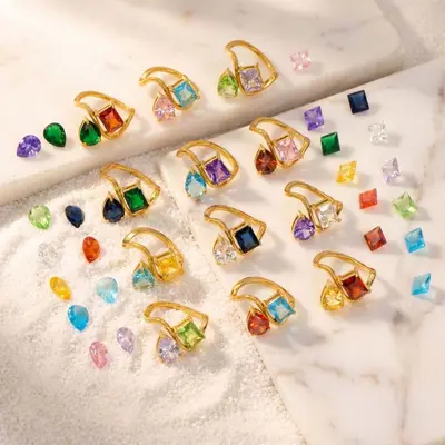 12 Birthstone Ring Replaceable Colored Gemstone Ring Luxury Titanium Steel Gold Plated Ring Women