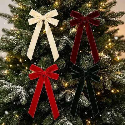 Christmas Tree Bow Ornament with Velvet Ribbon for Hanging Decor - 4