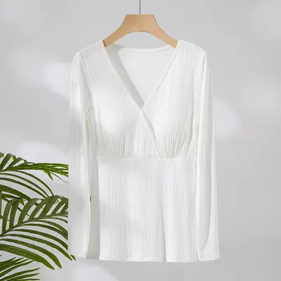 Long Sleeve Cross-Front Nursing Top, Postpartum Home Wear - 6