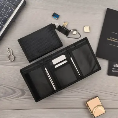 Anti-theft men's wallet with carabiner, Oxford fabric, zip pocket and card slots, foldable