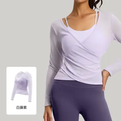 Fake Two-Piece Mesh Long Sleeve Yoga Top with Built-in Chest Pad - 11