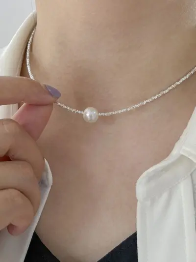 S925 sterling silver necklace with pearl, collarbone chain - 3