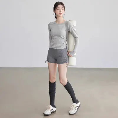 纯色新款瑜伽健身训练服圆领高弹普拉提骑行跑步瑜伽服女t恤批发