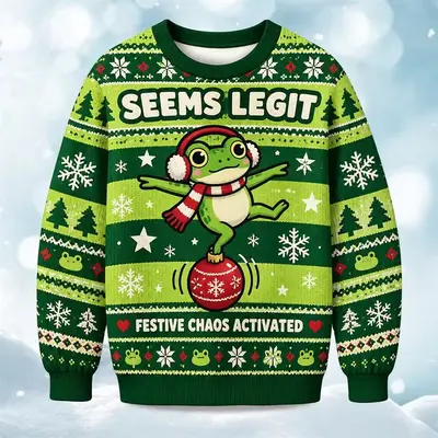 Weihnachtspullover mit Rundhals, Frosch- und Rentiermotiv - 7