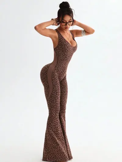 Leopard Print Cross Back Flared One-Piece Yoga Jumpsuit for Women - 4