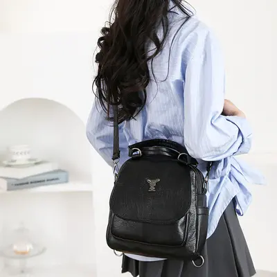 Women's Convertible Backpack and Shoulder Bag, Soft Leather, Retro Style - 4