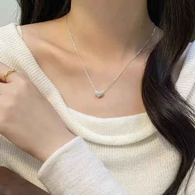 S999 gümüş kalp kolye, zirkon, çöpür zinciri, yaramaz stil tasarım - 10