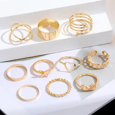 Alloy Cross-Border Butterfly Ring Open Multi-Joint Ring Set 22-Piece Set Unique Design Heart Ring for Women