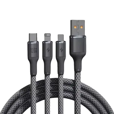 3-in-1 120W fast charging cable with tungsten braid for USB-C and Apple devices