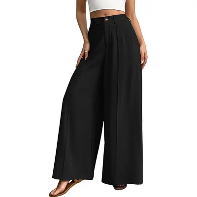 Women's Wide Leg Solid Color Long Pants, Beach Suit Trousers - 6