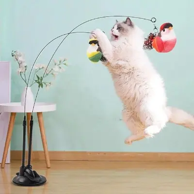 Suction Cup Cat Teaser Wand with Detachable Steel Wire Dual Heads and Replacement Head