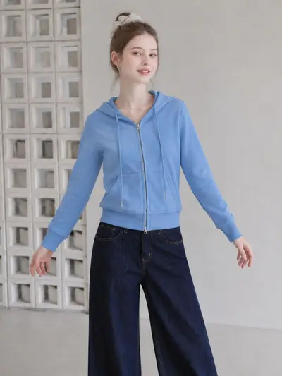 Korean-Style Blue Hooded Zip Short Sweatshirt Jacket for Women