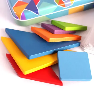 Ahşap metal kutulu tangram yapboz, manyetik eğitici yapboz, anaokulu ve ilkokul