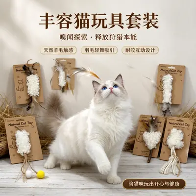 Natural Wool Cat Teaser Wand with Feathers, Teeth Cleaning Toy - 4