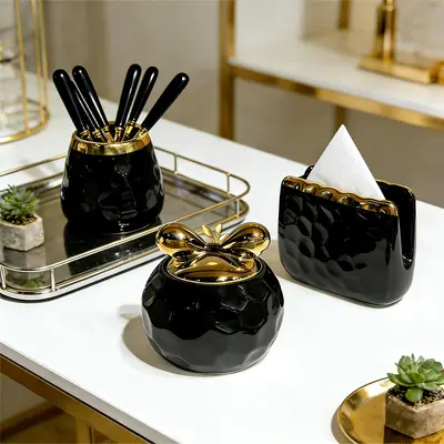 Nordic ceramic tabletop tissue box and storage jar set, 3-piece - 5