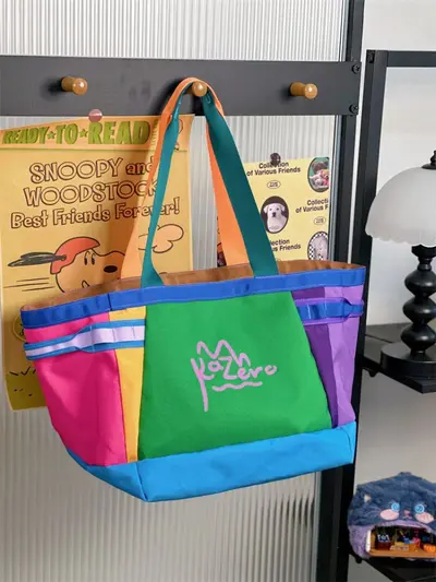 Cross-border New Girl School Single Shoulder Bag Large Capacity Cartoon Cute Tote Bag Dopamine Color Block Handbag - 3