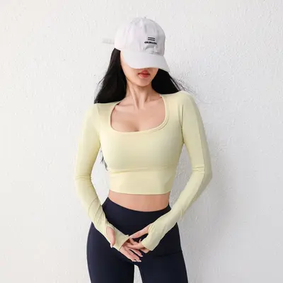 Langarm-Sportoberteil aus Mesh, offener Rücken, gepolstert, für Yoga und Pilates